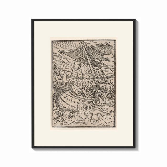 Framed Ship in stormy sea with figures print shown as a bold statement piece on a clean gallery wall