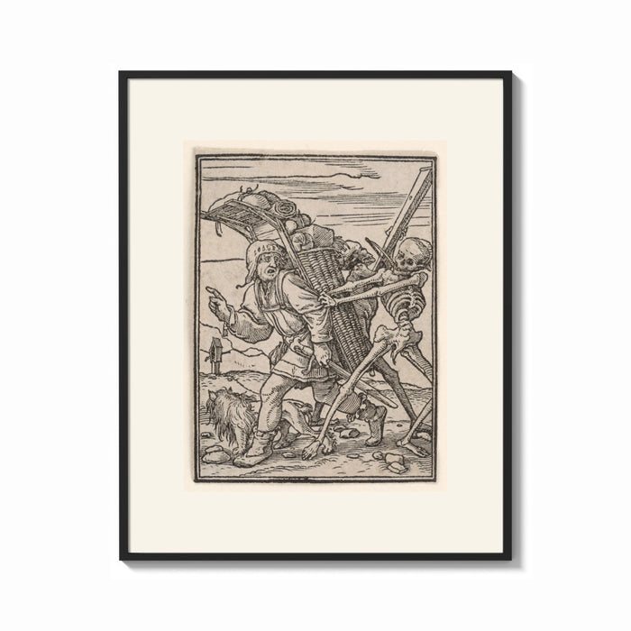 Framed Peasant carrying load with Death skeleton print shown as a bold statement piece on a clean gallery wall