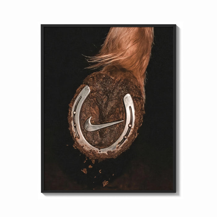 Framed Nike Horse Hoof Swoosh Equestrian print shown as a bold statement piece on a clean gallery wall