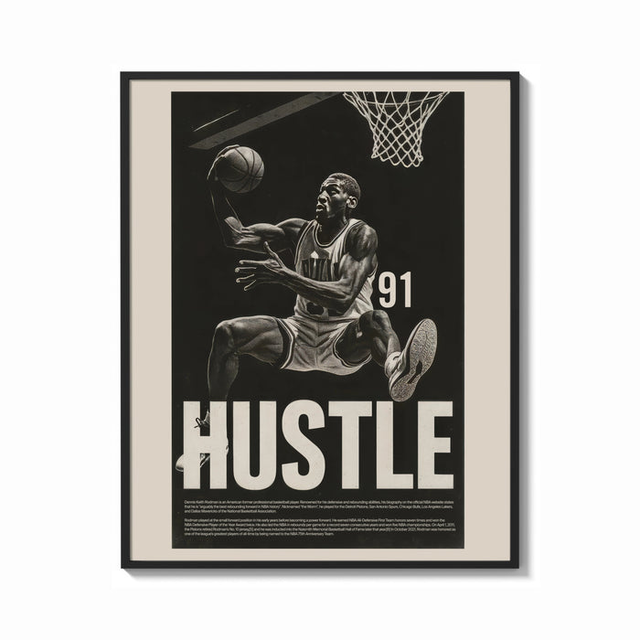 Framed Dennis Rodman Hustle Basketball print shown as a bold statement piece on a clean gallery wall