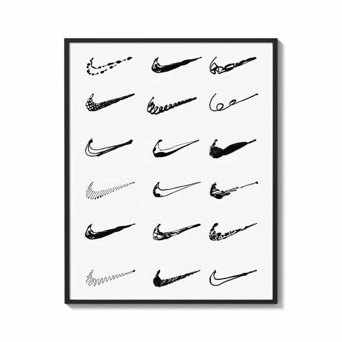Framed Nike Swoosh Hand-Drawn Sketch framed poster print shown as a bold statement piece on a clean gallery wall
