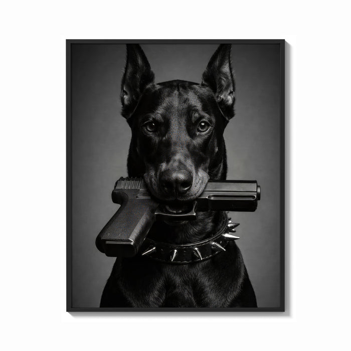Framed Doberman Pistol Spiked Collar print shown as a bold statement piece on a clean gallery wall