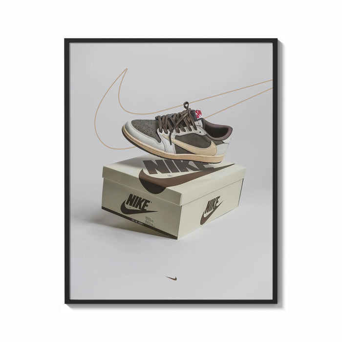 Framed Air Jordan 1 Travis Scott Reverse Mocha print shown as a bold statement piece on a clean gallery wall