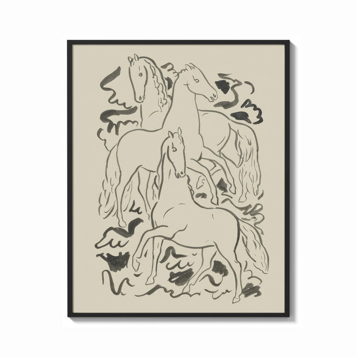 Framed three horses vintage art print print shown as a bold statement piece on a clean gallery wall