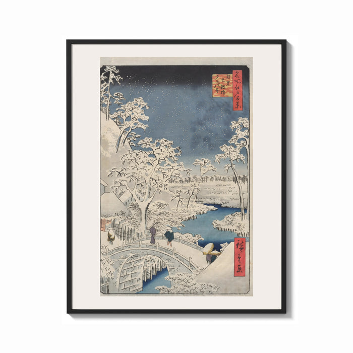 Framed Hiroshige Meguro Bridge in Snow print shown as a bold statement piece on a clean gallery wall