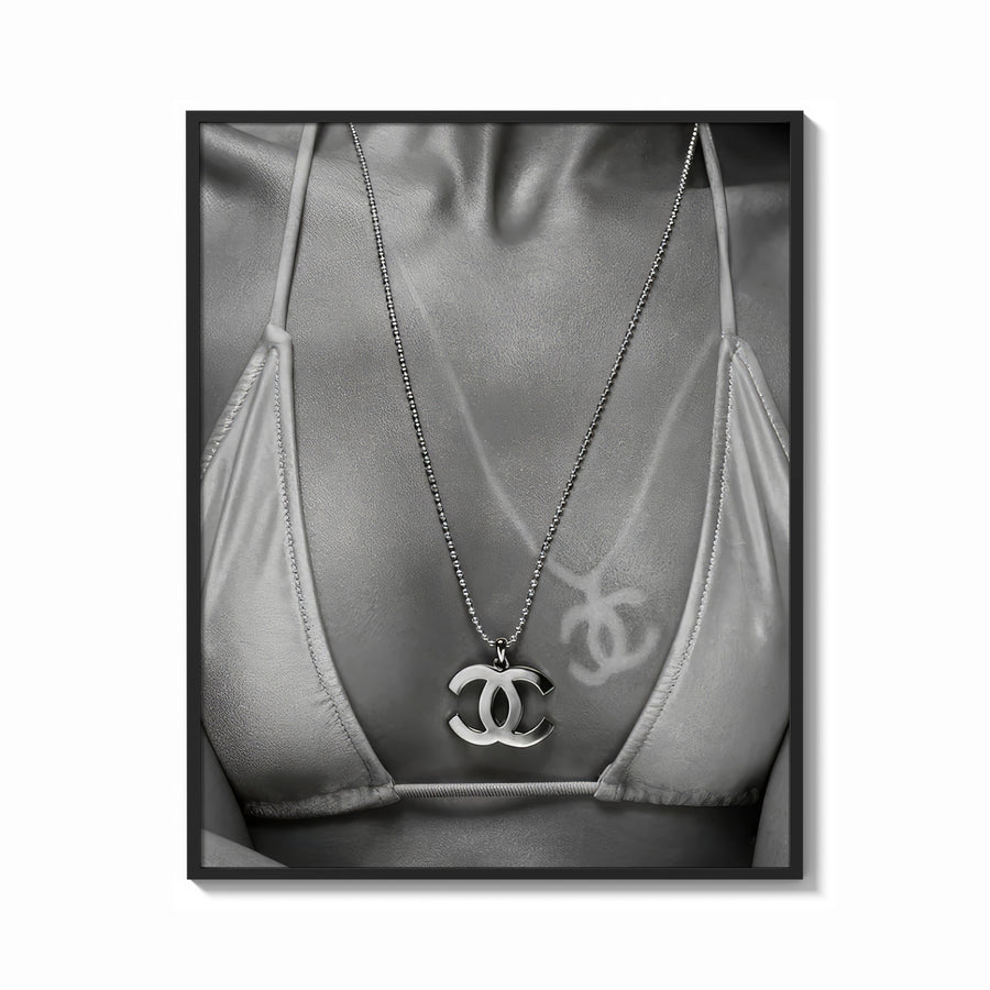 Framed Chanel CC Necklace Black & White print shown as a bold statement piece on a clean gallery wall