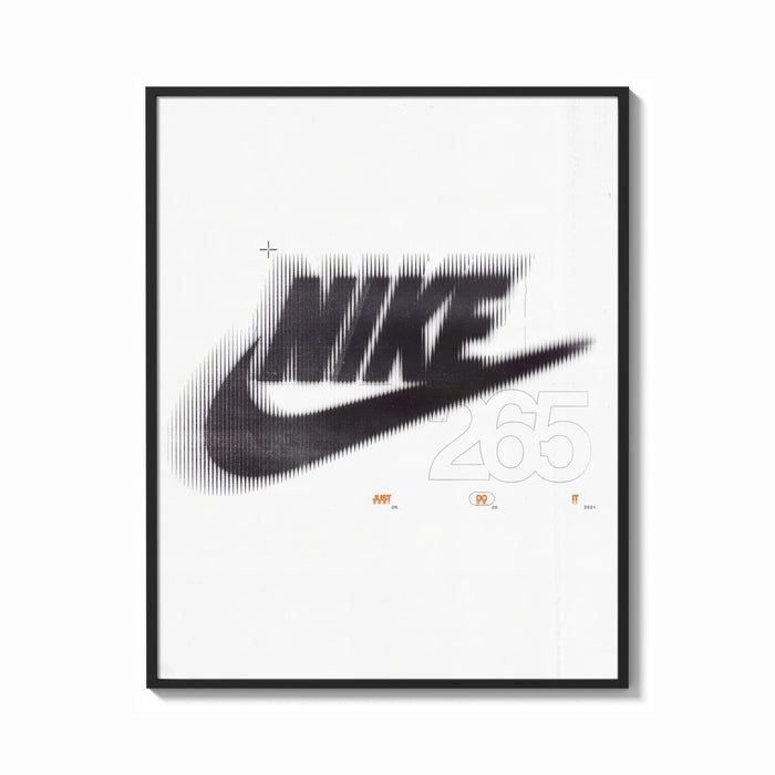 Framed Nike Just Do It Swoosh framed poster print shown as a bold statement piece on a clean gallery wall