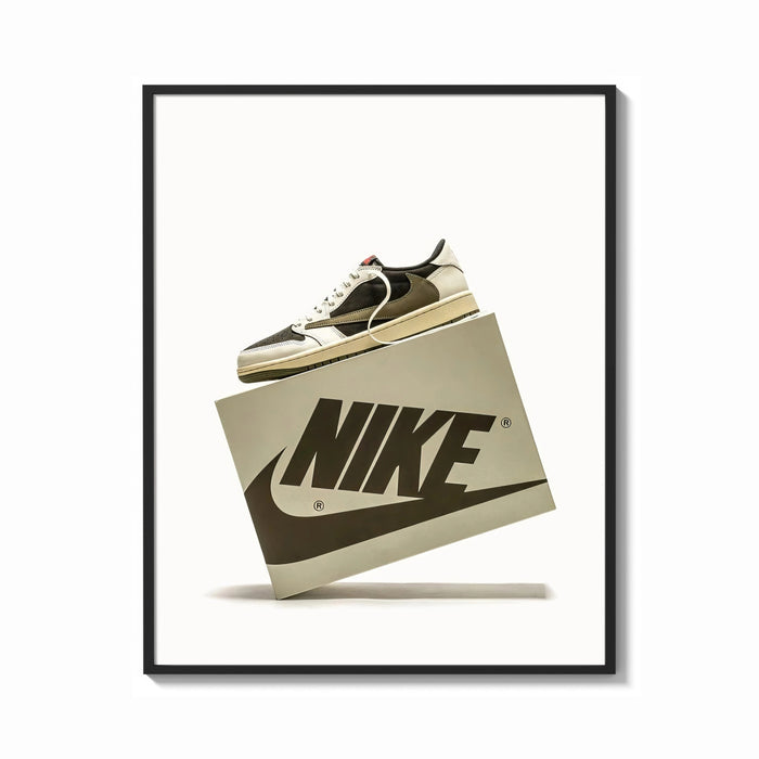 Framed Air Jordan 1 Travis Scott Olive Sneaker print shown as a bold statement piece on a clean gallery wall