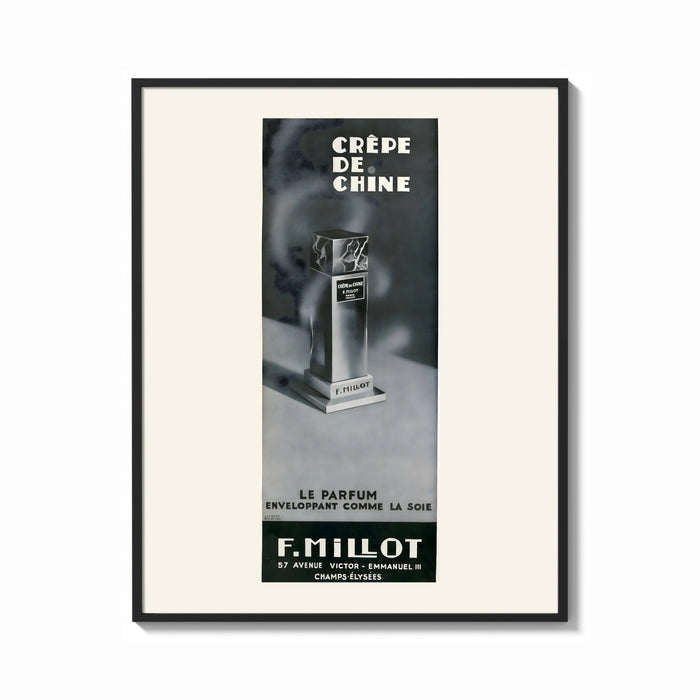 Framed Crepe de Chine Millot Parfum print shown as a bold statement piece on a clean gallery wall