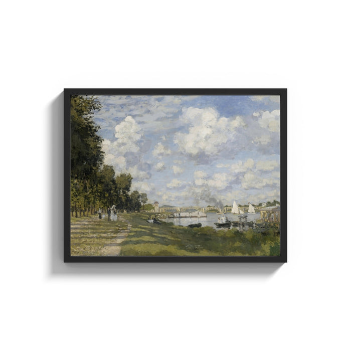 Framed riverside park with sailboats vintage art print shown as a wide statement piece on a clean white wall