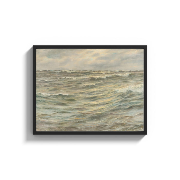 Framed stormy grey-green seascape with breaking waves vintage art print shown as a wide statement piece