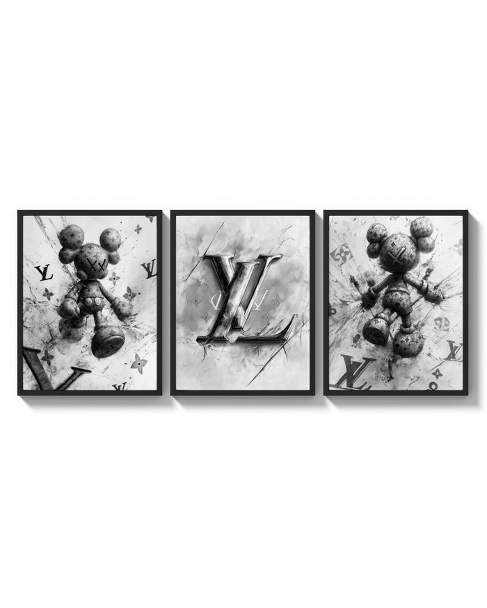 KAWS LV Monochrome Splash XX triptych arranged on a bright gallery wall
