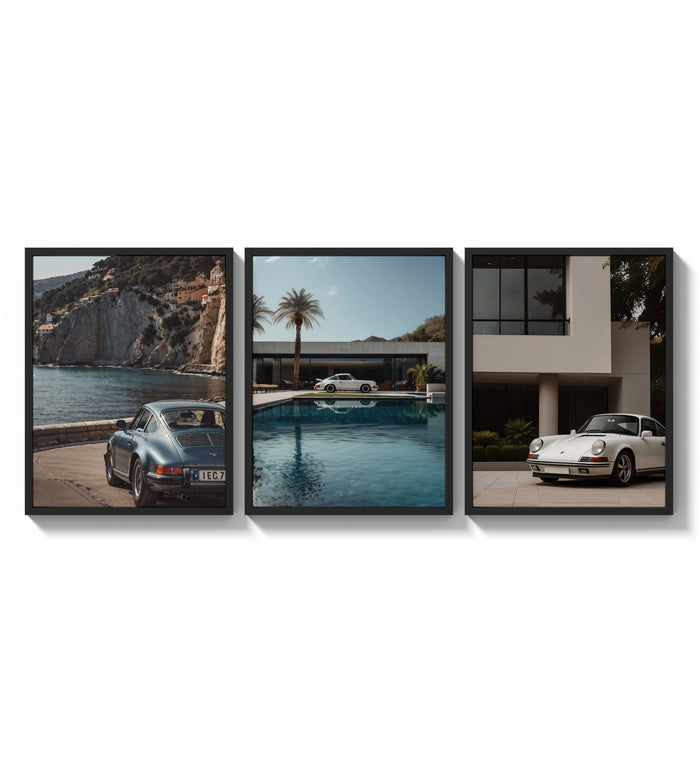Porsche 911 Coastal framed poster set of 3 three-panel set arranged as a triptych on a bright gallery wall