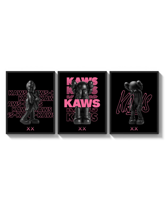 Neon Pink Noir KAWS XX triptych arranged on a bright gallery wall