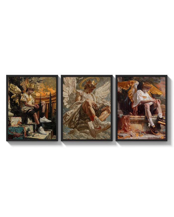 Nike Renaissance Angel triptych arranged on a bright gallery wall