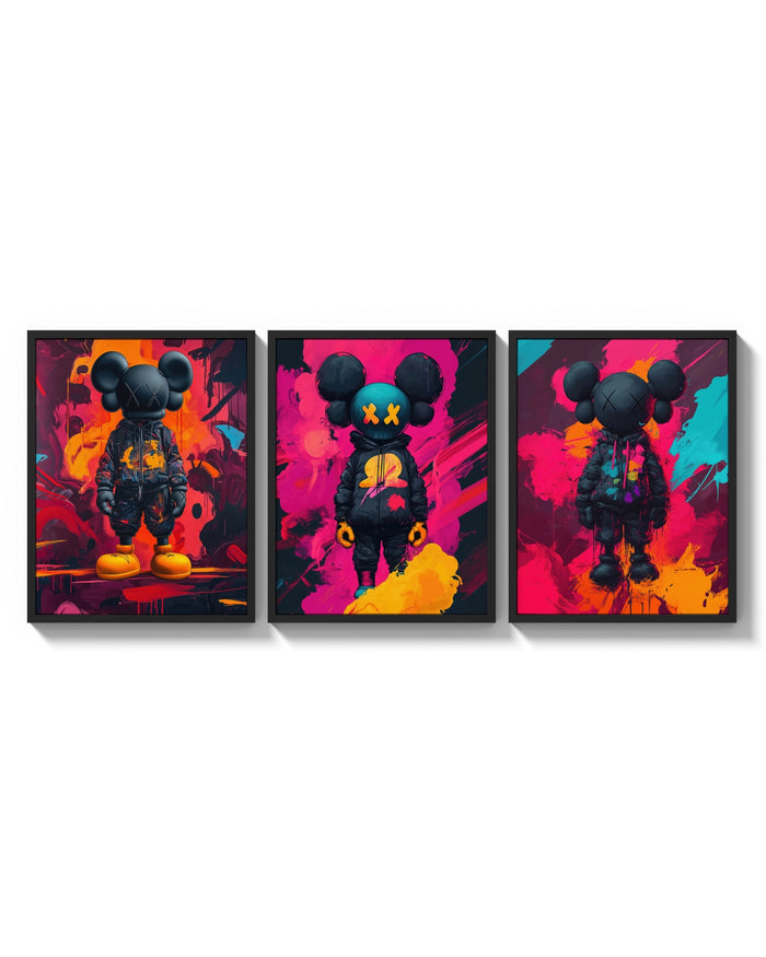 KAWS Chromatic Graffiti triptych arranged on a bright gallery wall