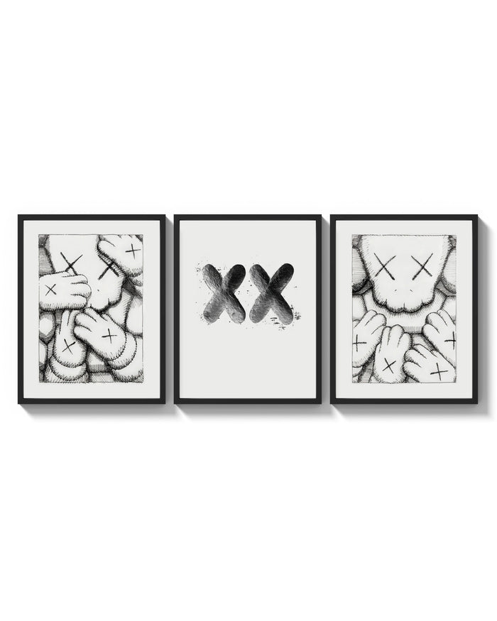 KAWS XX Outline Sketch triptych arranged on a bright gallery wall