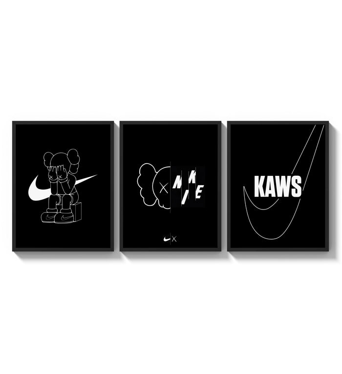 KAWS Companion XX Nike framed poster set of 3 three-panel set arranged as a triptych on a bright gallery wall