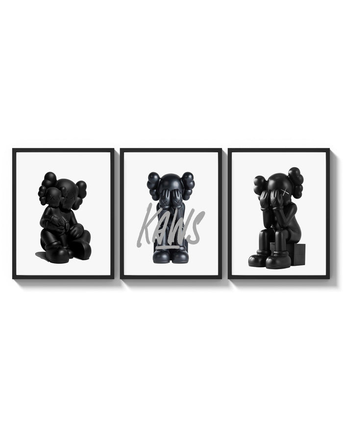 Blackout XX KAWS triptych arranged on a bright gallery wall