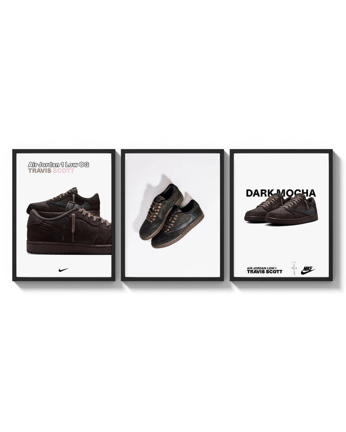 Air Jordan 1 Low Travis Scott triptych arranged on a bright gallery wall