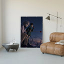 Two anime boys on rooftop at night poster framed in a luxury living-room setting