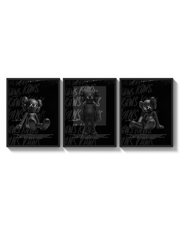 Black KAWS Companion Triptych arranged on a bright gallery wall