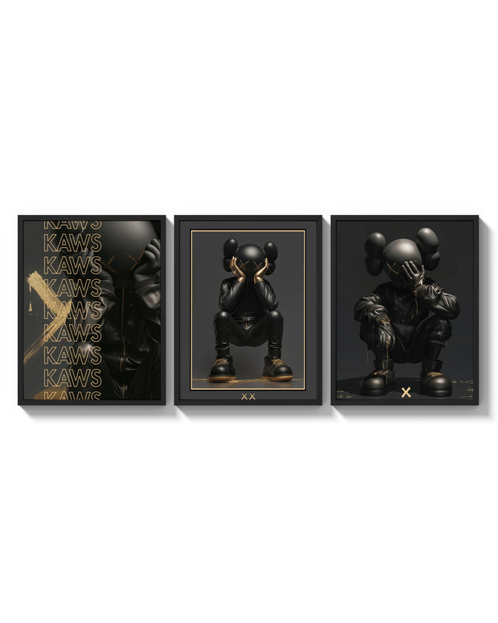 KAWS Noir XX Black Gold Poster Set of 3 arranged on a bright gallery wall