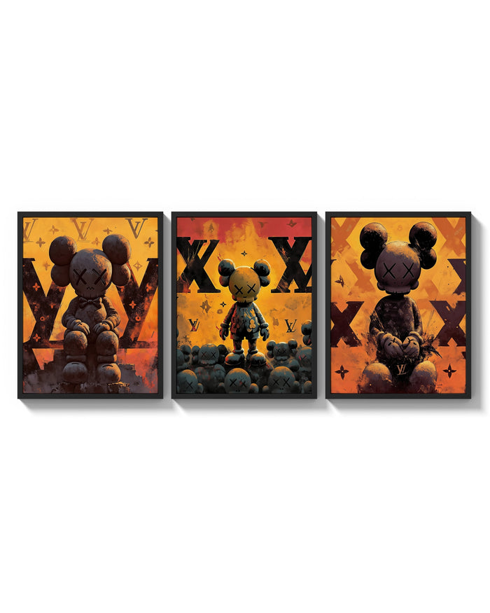 KAWS LV Inferno Poster Set of 3 arranged on a bright gallery wall