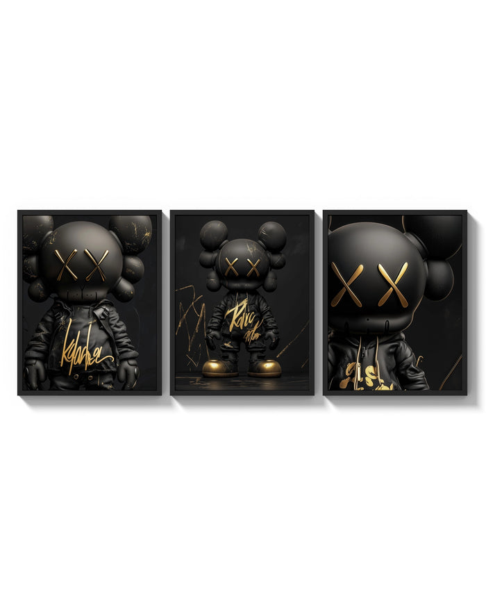 KAWS Black Label XX Hypebeast Wall Art Set of 3 arranged on a bright gallery wall