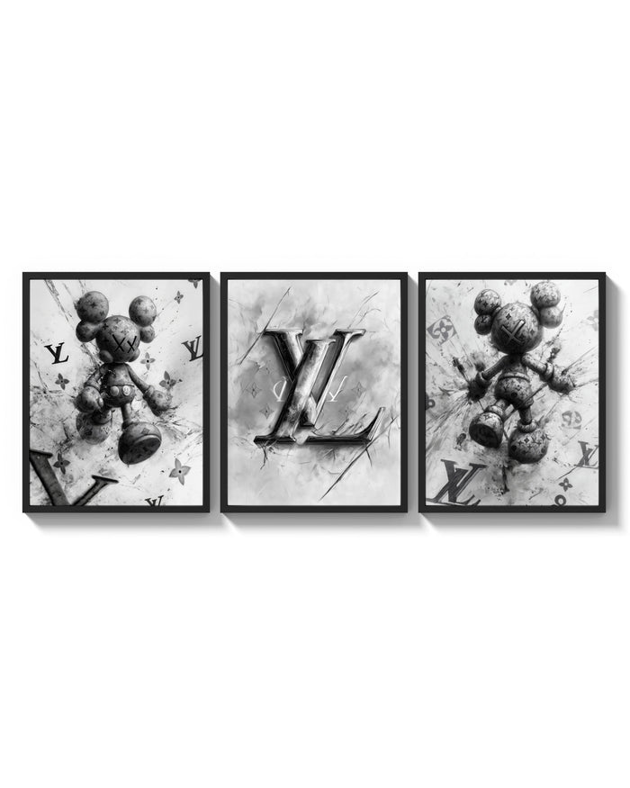 KAWS LV Monochrome Splash XX Wall Art Set of 3 arranged on a bright gallery wall