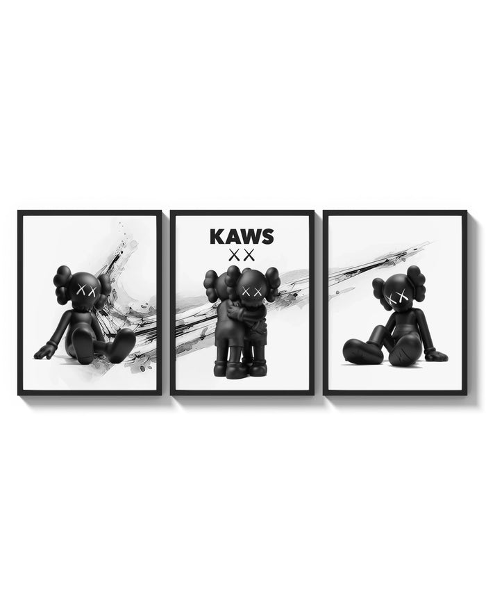 KAWS x Nike Blackout Poster Set of 3 arranged on a bright gallery wall