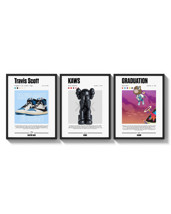 Hypebeast Legends Poster Set triptych arranged on a bright gallery wall