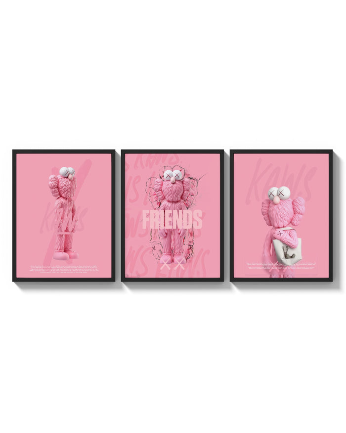 Pink Cotton Candy KAWS Friends Trio arranged on a bright gallery wall