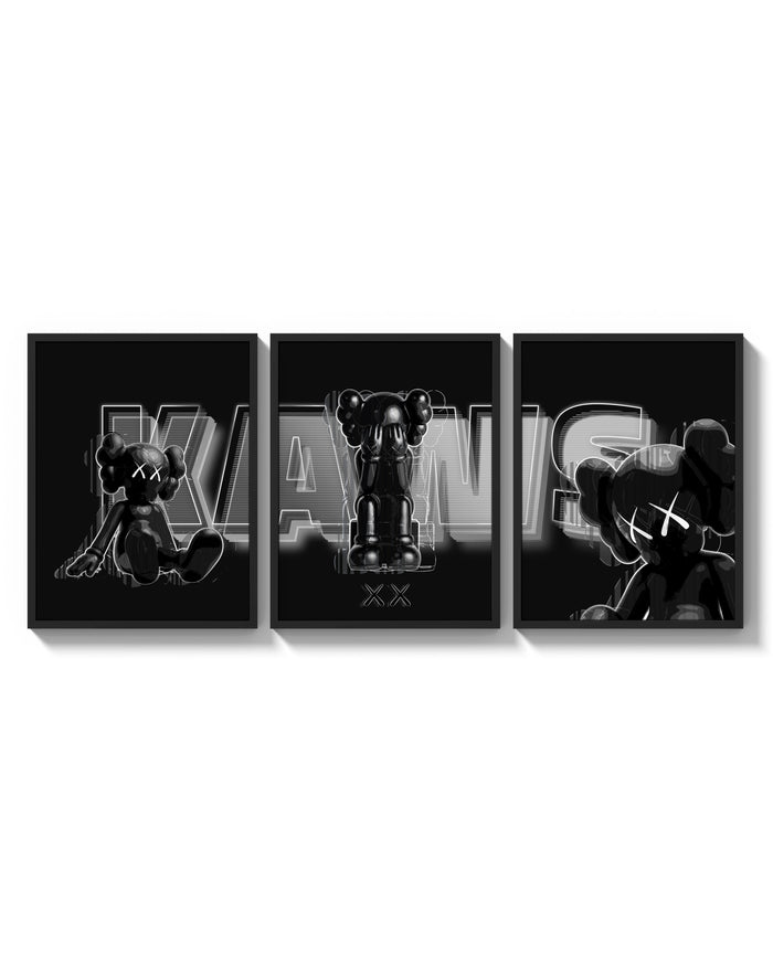 KAWS Neon Companions Triptych arranged on a bright gallery wall