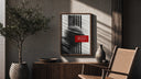 figure in helmet obscured by stripes poster framed above a fluted sideboard beside an olive tree