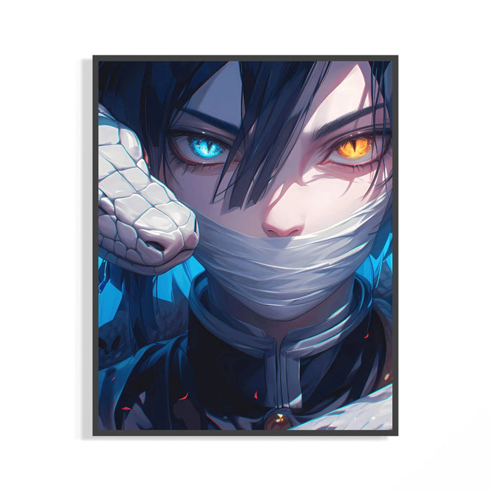 Framed Anime character with heterochromia eyes print displayed as a statement piece