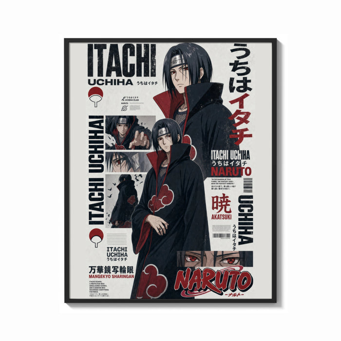 Framed Itachi Uchiha anime character print shown as a bold statement piece on a clean gallery wall