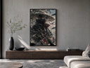 anime ninja with red eyes poster framed above a wood console in a concrete-wall living room