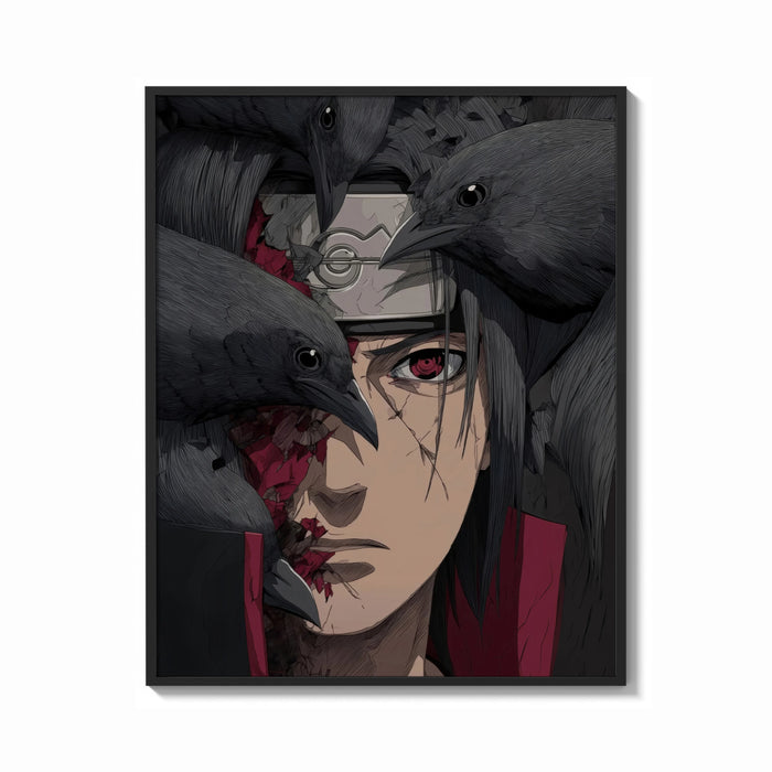 Framed Anime ninja with red Sharingan eye print shown as a bold statement piece on a clean gallery wall