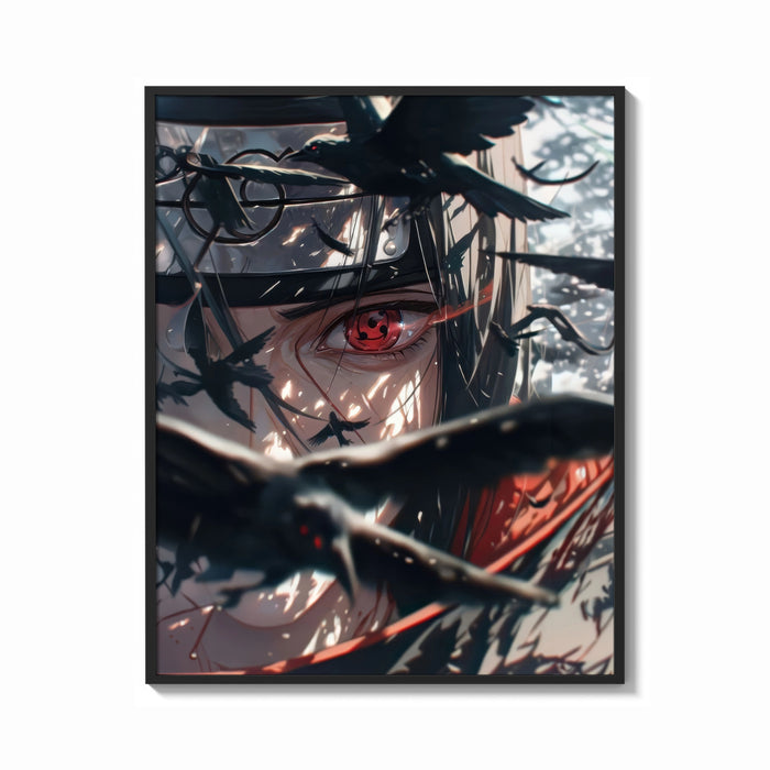 Framed Anime ninja with Sharingan eye print shown as a bold statement piece on a clean gallery wall