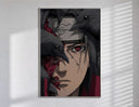 Anime ninja with red Sharingan eye poster in a slim frame on a bright wall with soft window light