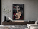 Anime ninja with red Sharingan eye poster framed above a wood console in a concrete-wall living room