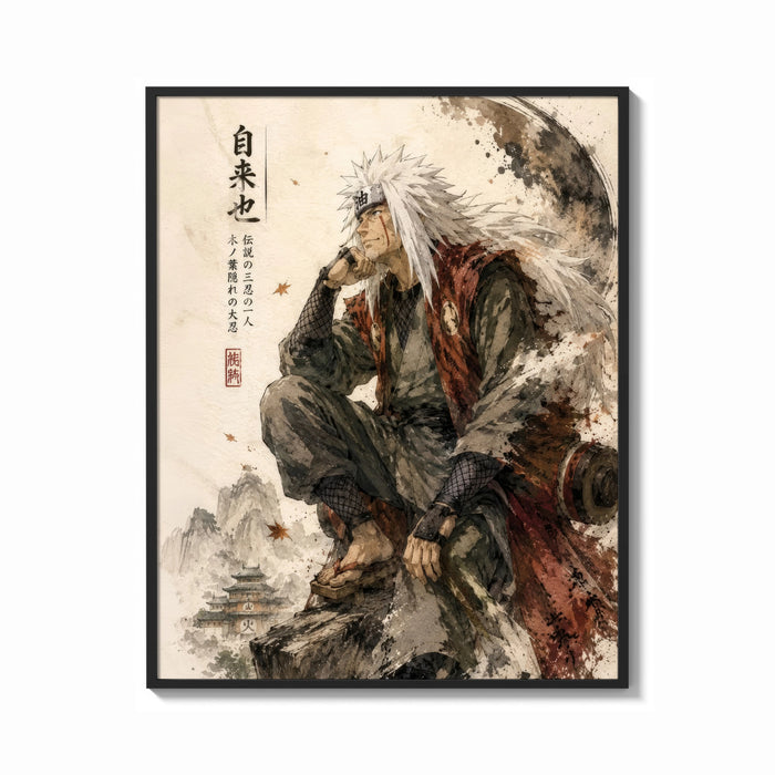 Framed White-haired ninja sitting thoughtfully print shown as a bold statement piece on a clean gallery wall