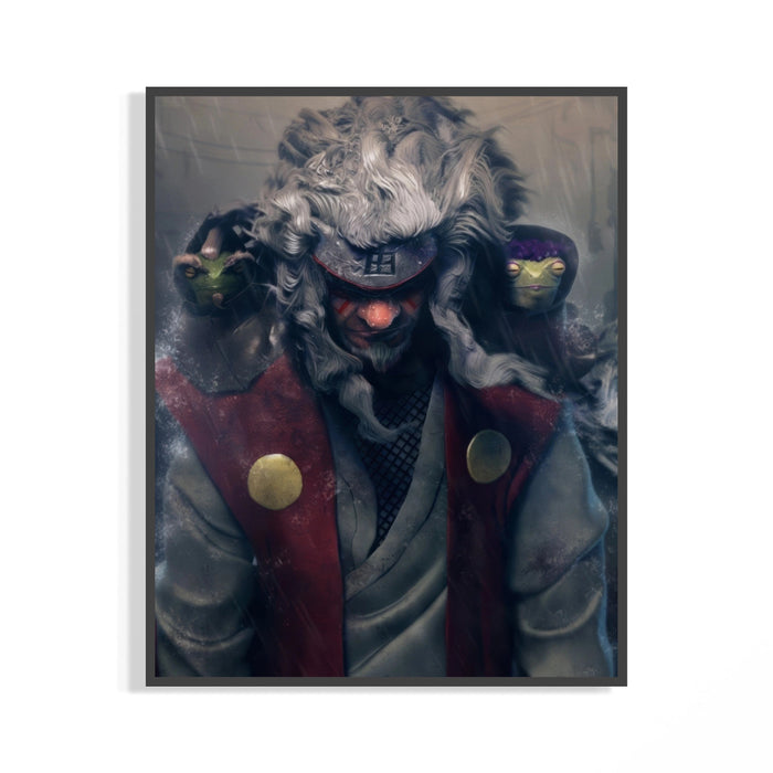 Jiraiya Toad Sage poster showing flowing white hair and mystical toads displayed on a wall
