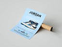 Jordan 1 Fragment x Travis Scott poster in powder blue with bold typography on kraft tube