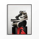Air Jordan 1 High Dark Mocha poster framed in silver showing sneaker pair stacked on Jordan shoebox