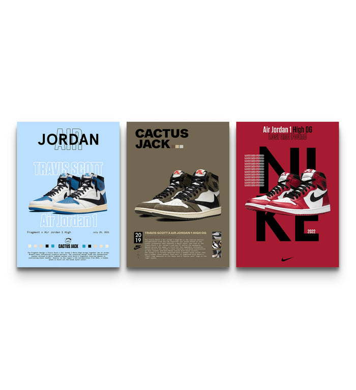Three Air Jordan 1 High OG poster prints in blue, olive, and red editorial layouts side by side on a wall