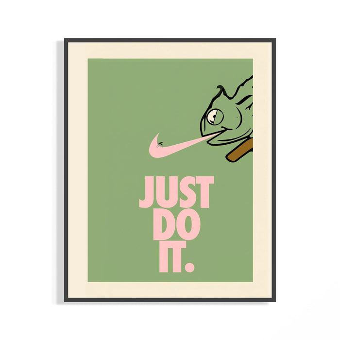 Framed chameleon poster in black frame, pink Nike swoosh over sage green with Just Do It text