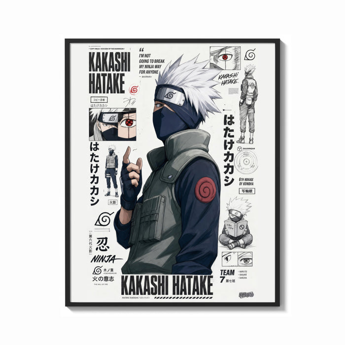 Framed Kakashi Hatake ninja character print shown as a bold statement piece on a clean gallery wall