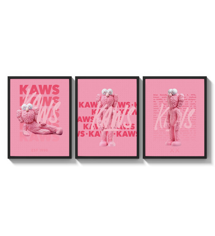 KAWS BFF figure trio three-panel set arranged as a triptych on a bright gallery wall